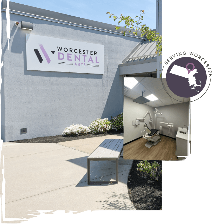 Collage featuring treatment room and exterior of Worcester Dental Arts